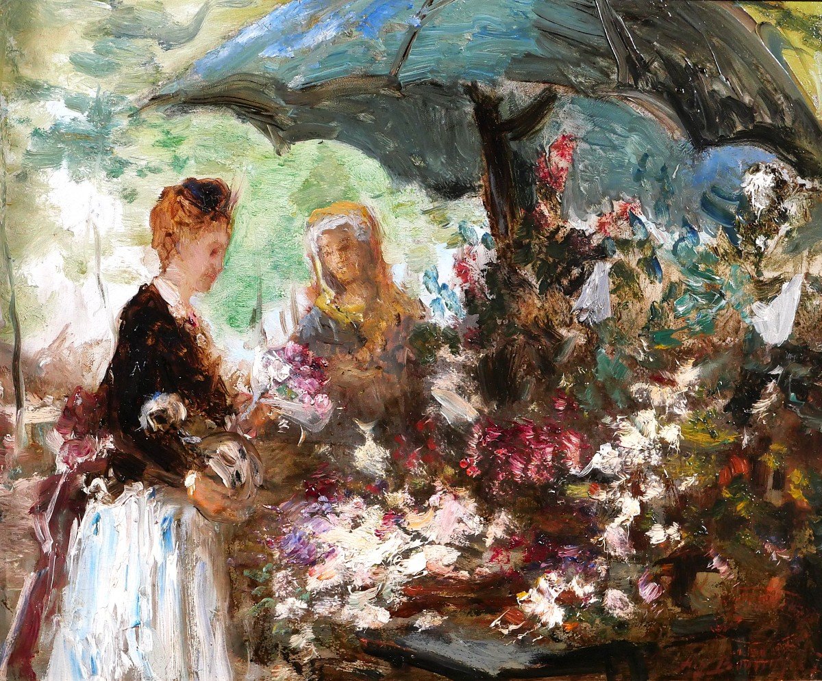 Hippolyte BOULENGER 1837-1874 Femmes aux fleurs, tableau, 1870, impressionnisme, Belgique