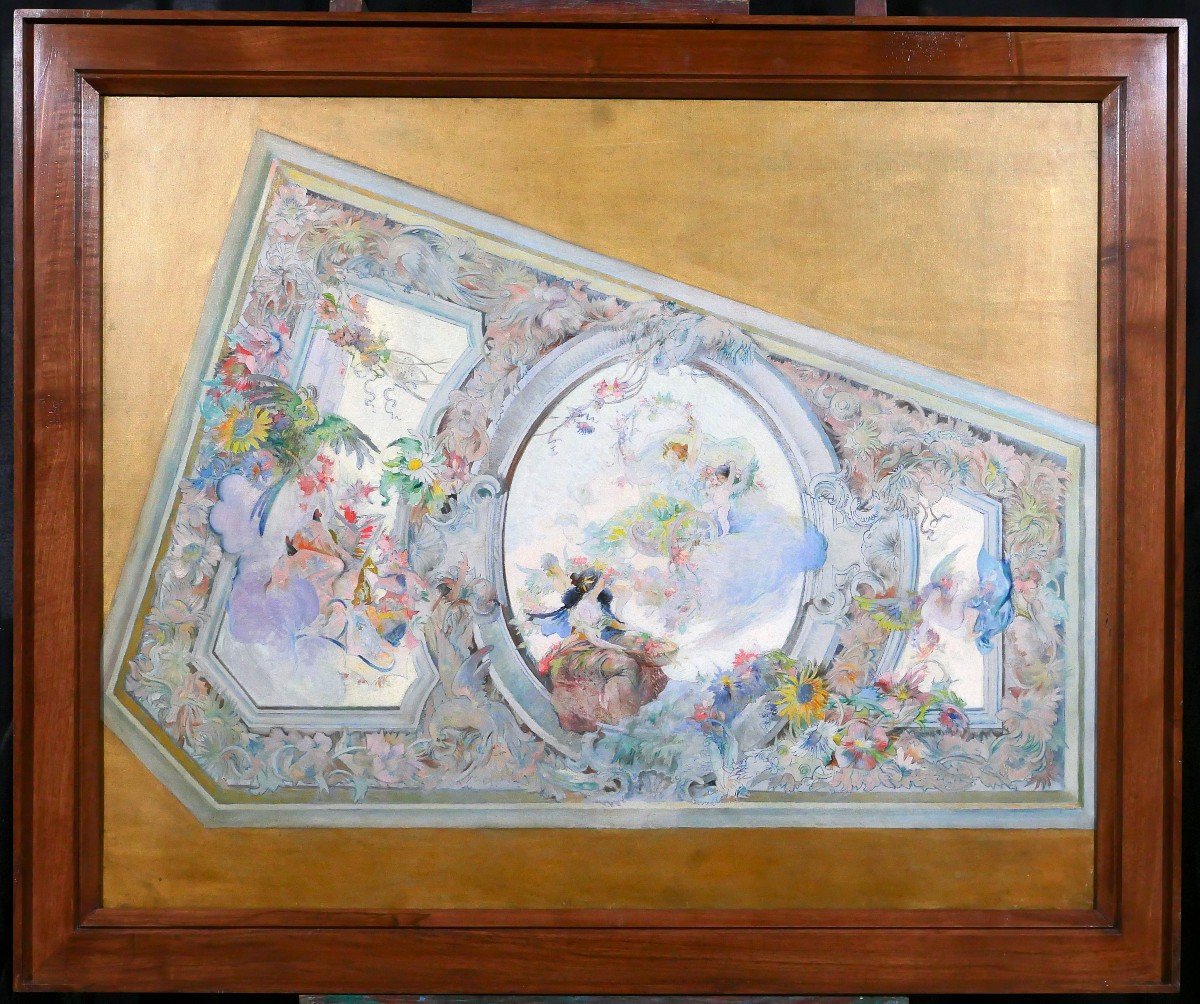 French School Circa 1890-1900, Ceiling Study For The Salon De Flore, Painting-photo-2