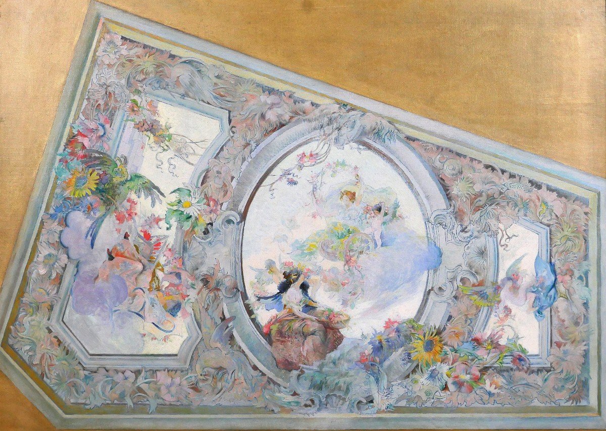 French School Circa 1890-1900, Ceiling Study For The Salon De Flore, Painting