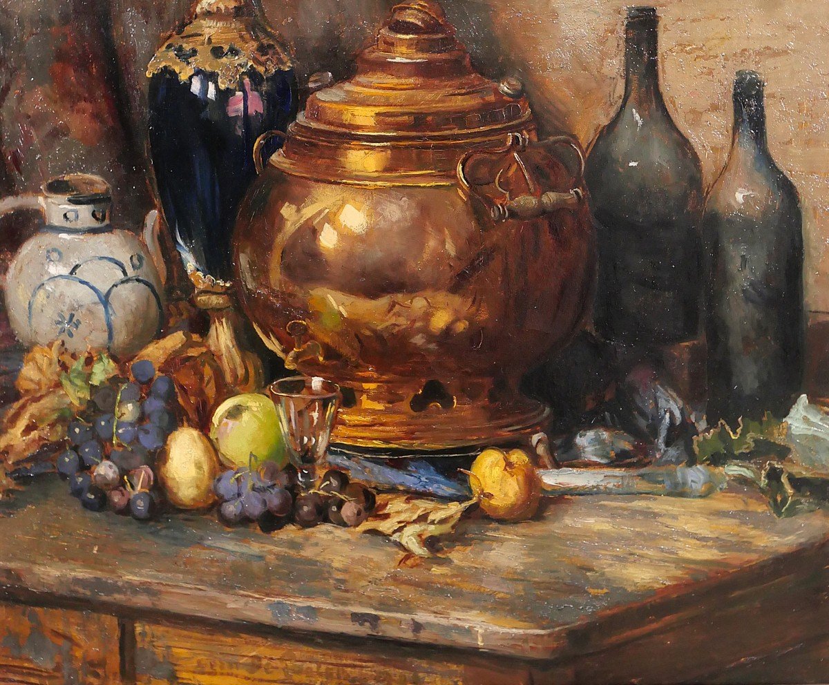 Bernard de Pooter 1883-1970 Nature morte aux fruits et aux objets, tableau, 1929, Belgique