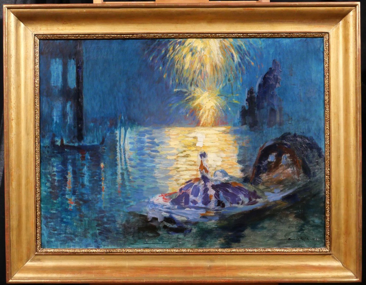 Henri Le Riche Grenoble 1868-1944 Venise, fête nocturne, tableau, Art Deco, 1928, Italie-photo-2