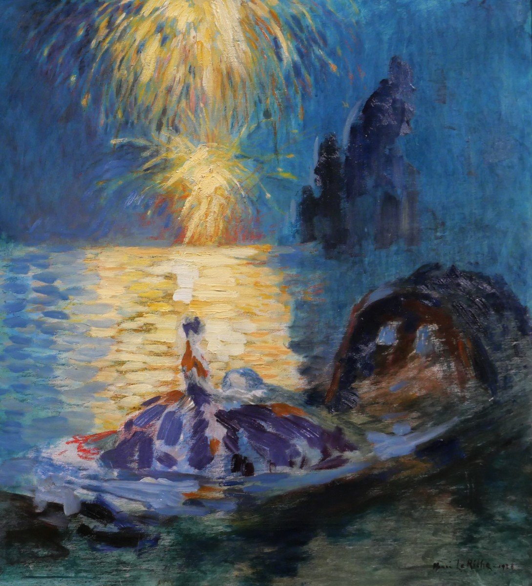 Henri Le Riche Grenoble 1868-1944 Venise, fête nocturne, tableau, Art Deco, 1928, Italie-photo-4