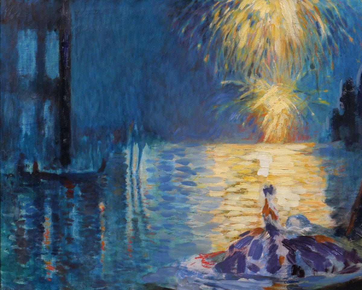 Henri Le Riche Grenoble 1868-1944 Venise, fête nocturne, tableau, Art Deco, 1928, Italie-photo-1