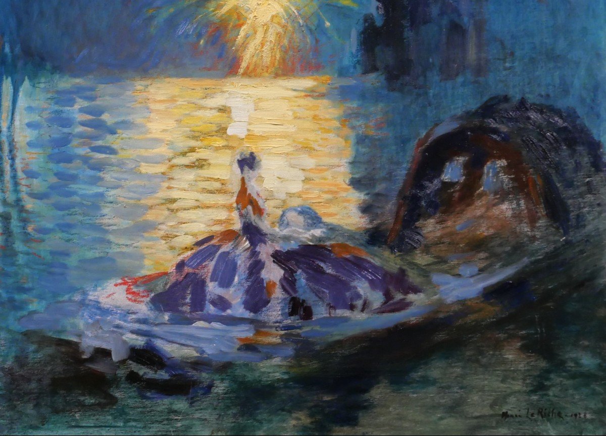 Henri Le Riche Grenoble 1868-1944 Venise, fête nocturne, tableau, Art Deco, 1928, Italie-photo-3