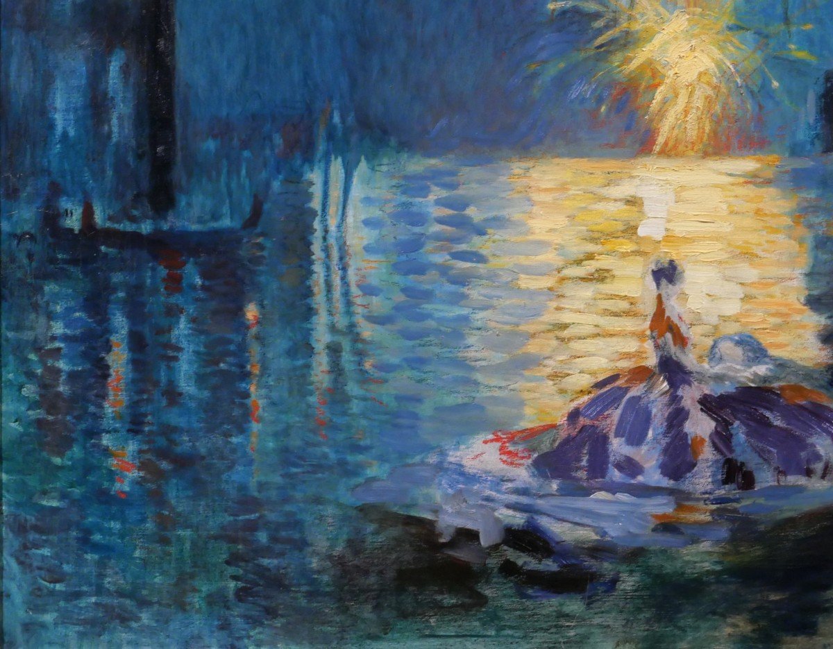 Henri Le Riche Grenoble 1868-1944 Venise, fête nocturne, tableau, Art Deco, 1928, Italie-photo-4