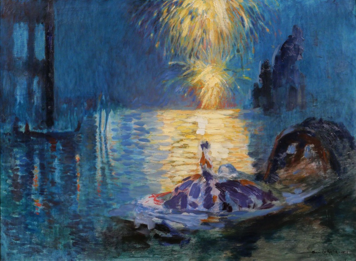 Henri Le Riche Grenoble 1868-1944 Venise, fête nocturne, tableau, Art Deco, 1928, Italie