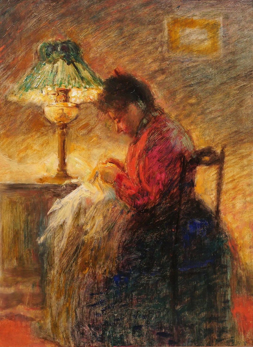 Ecole Française vers 1900, Femme à la couture, tableau, impressionnisme