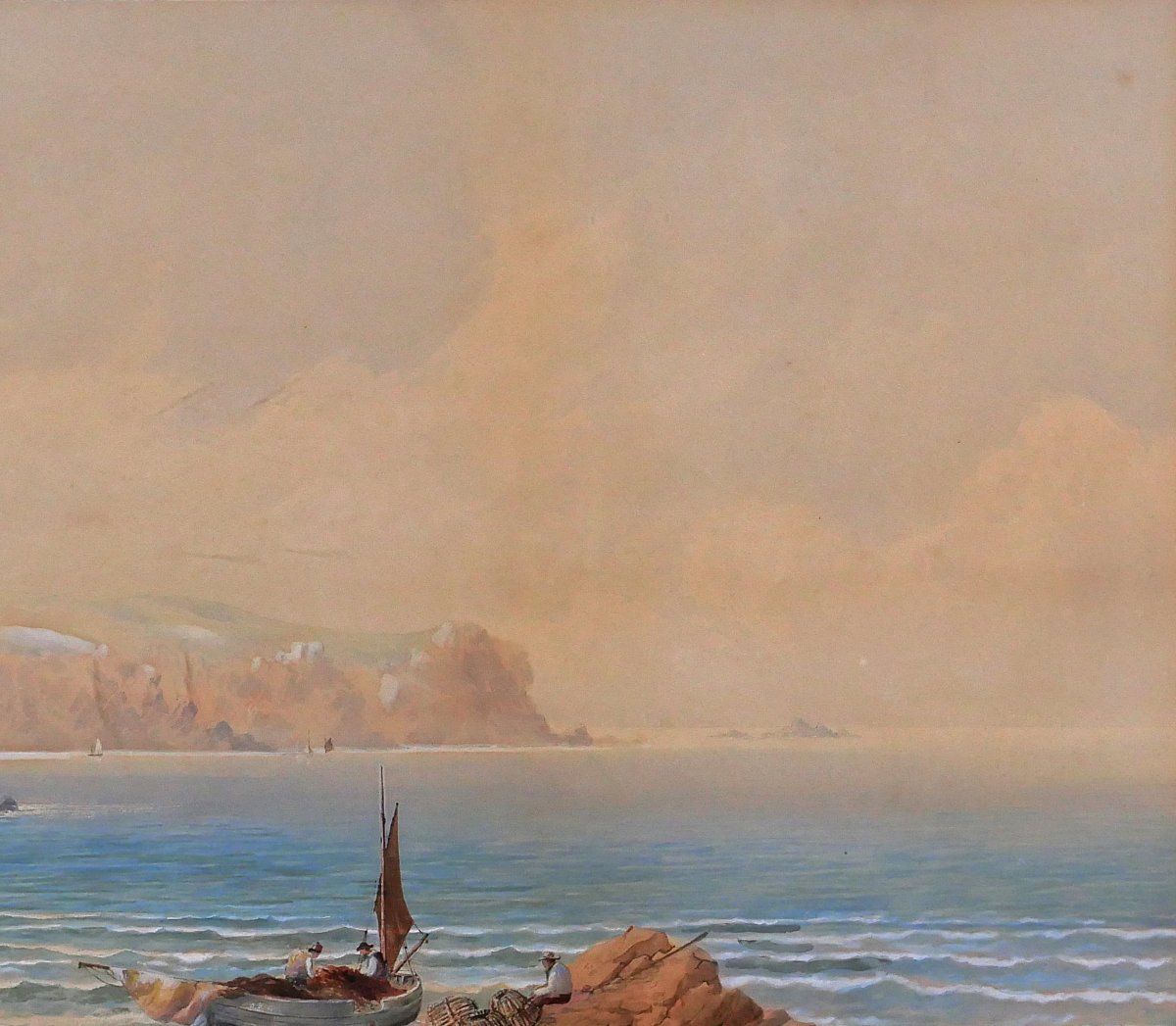 John Clarke Isaac Uren 1845-1932 Cornwall, Penzance, Landscape With Boats, Large Drawing-photo-2