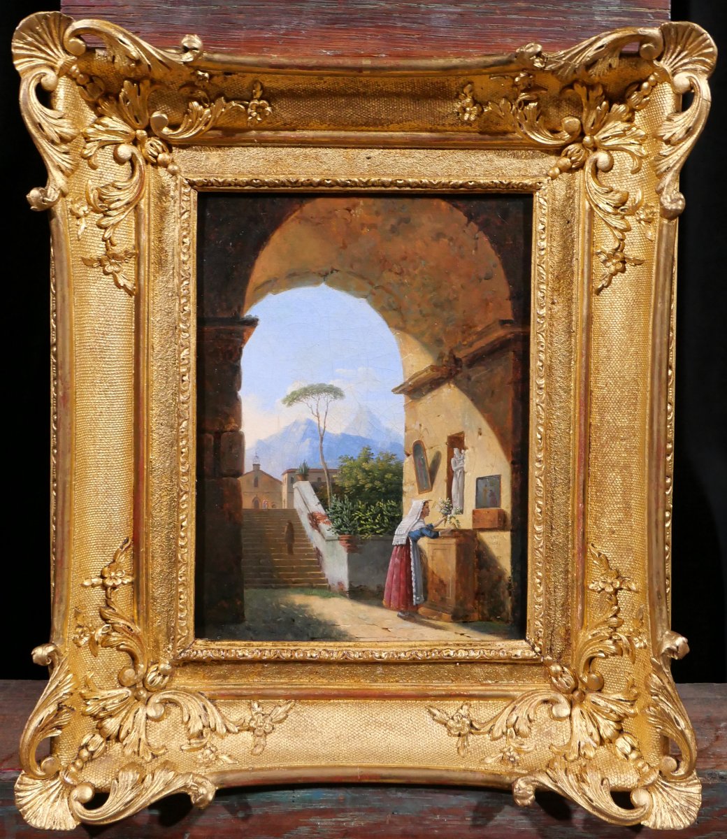 Jean-Baptiste BERLOT 1775-1840 Italie, oratoire dans une ruine antique, tableau, paysage-photo-2