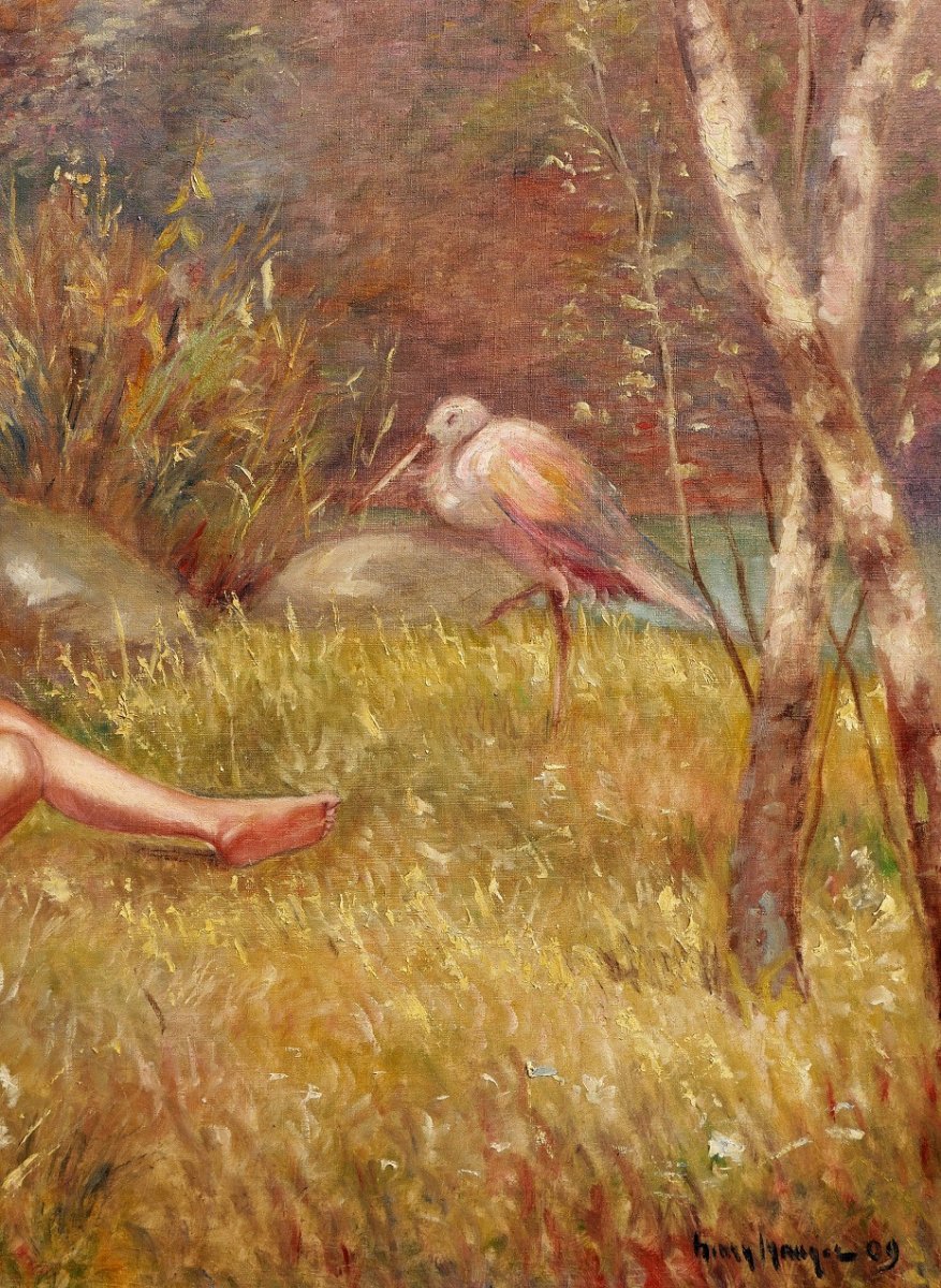 Henry Manger, XIX-xxth, Landscape With Flutist And Heron, Art Nouveau Painting, 1909-photo-1