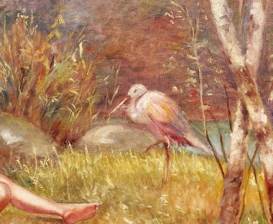 Henry MANGER, XIX-XXe, Paysage au flutiste et au héron, tableau Art Nouveau, 1909-photo-4