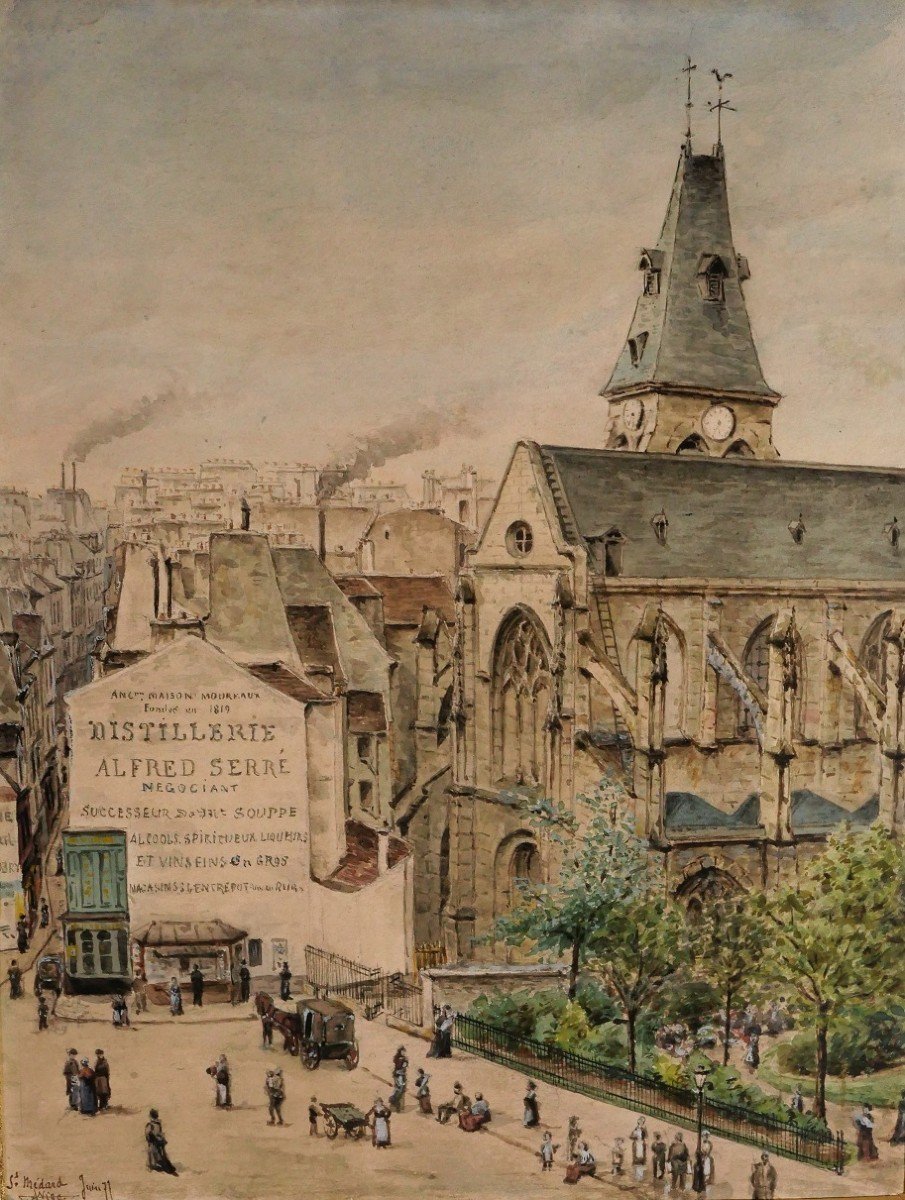 A. Nigg, Paris, The Church Of Saint-médard, The Place And The Square, Drawing, 1877