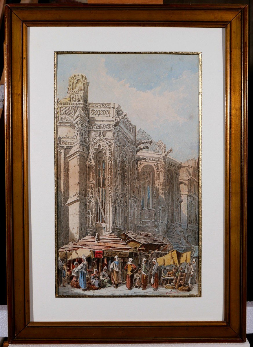 A. CARDINAL, XIXe, Caen, le marché, dessin, circa 1880-photo-2