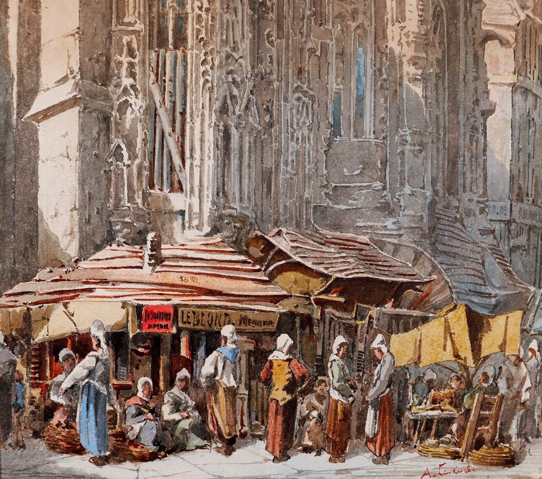 A. CARDINAL, XIXe, Caen, le marché, dessin, circa 1880-photo-4