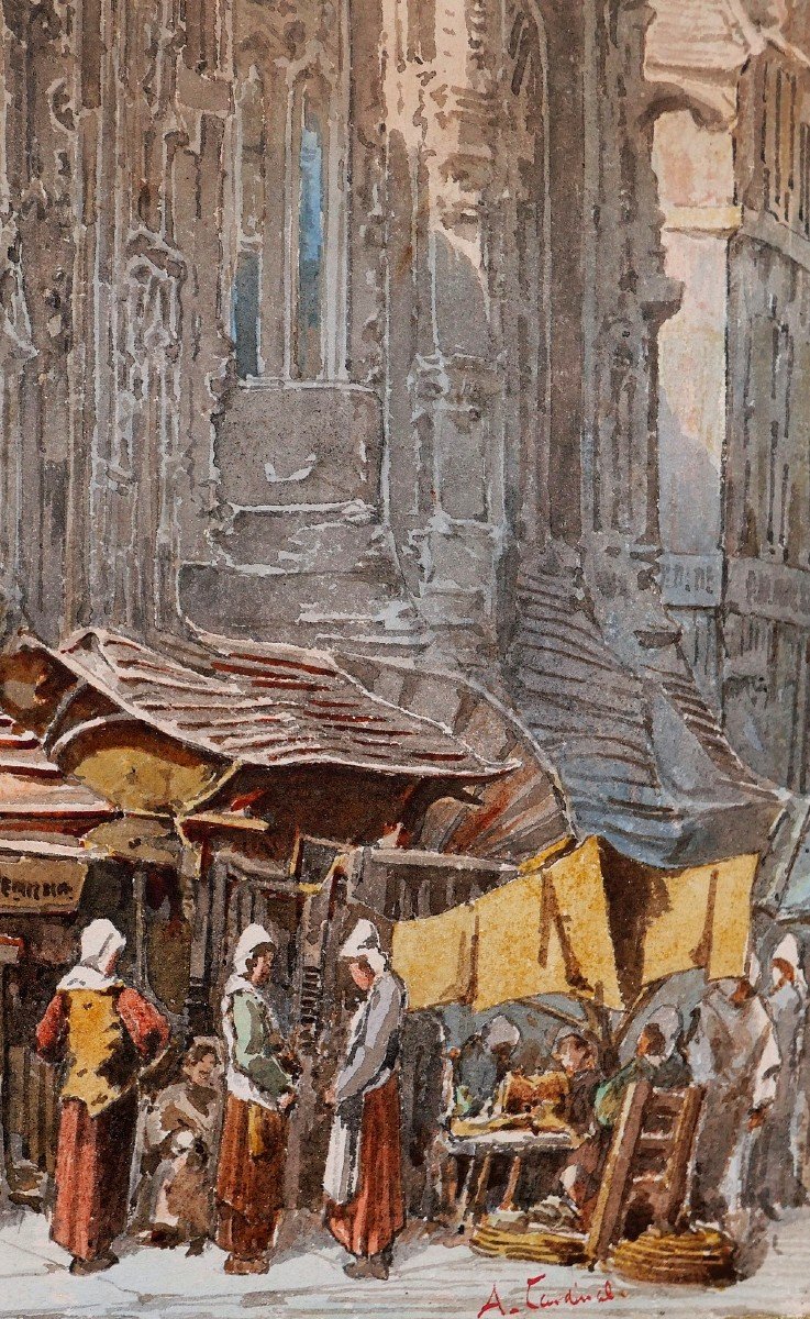 A. CARDINAL, XIXe, Caen, le marché, dessin, circa 1880-photo-3
