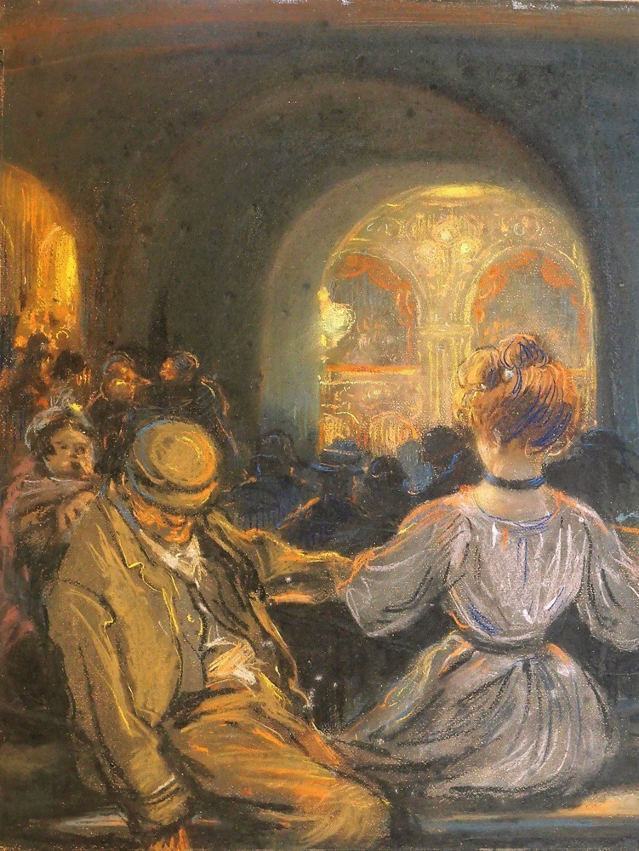 Léon DAX (XIX-XXe) A l'opéra dans le poulailler,  grand pastel, circa 1890-95-photo-3