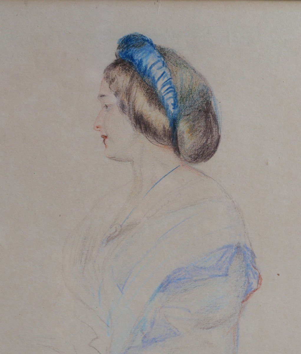 French School Circa 1850, Portrait Of A Woman, Drawing-photo-1