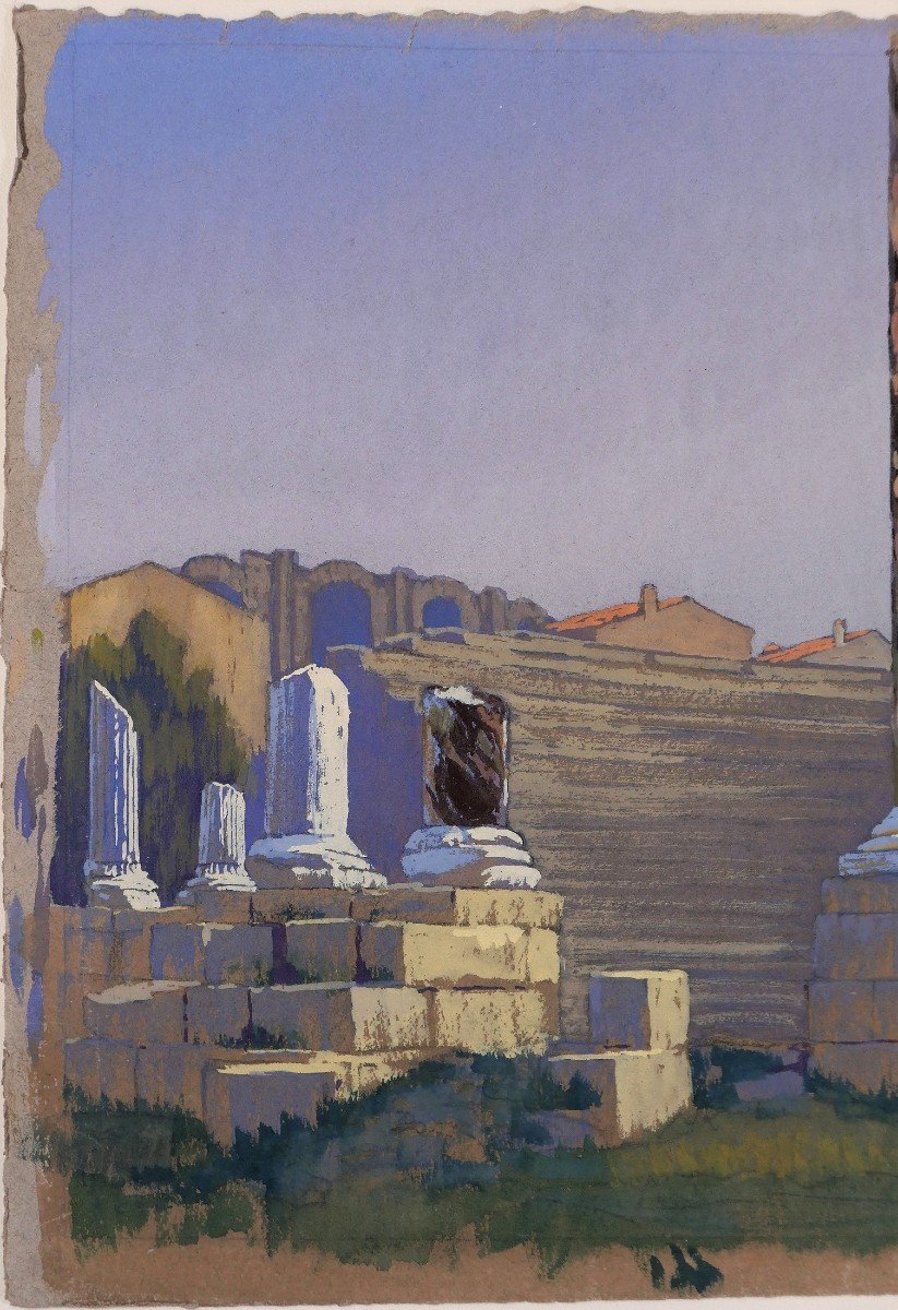 François-etienne Lahaye (1878-1949) Arles, Antic Theatre, Daylight Effect, Drawing, Circa 1920-photo-4