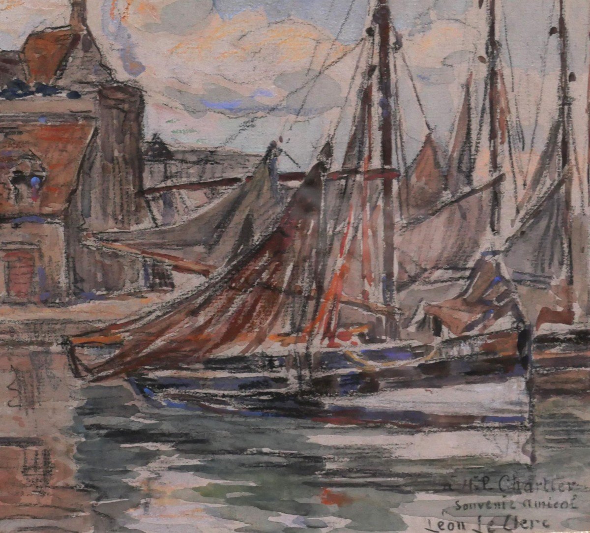 Léon LECLERC 1866-1930 Honfleur, vue du port et de la Lieutenance, aquarelle-photo-3