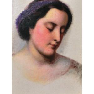 Ecole Française vers 1850, Portrait de femme au ruban violet, tableau