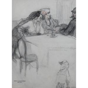 Julien Jacques LECLERC 1885-1972 homme et femmes discutant, dessin humoristique sur la guerre