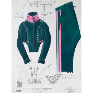 Charles Brun 1825-1908 Officer's Uniform Of The 9th Chasseurs, 1812, Drawing, Napoleon, Empire