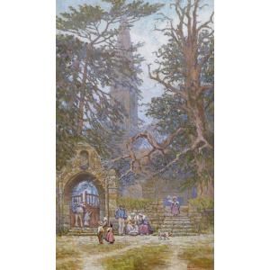 Breton School Around 1900, Brittany, Landscape At The Exit Of The Church, Signed Painting