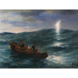 Antoine MORLON 1834-1913 Le Christ Sauveur, tableau, Salon, 1887, bateau, mer, religion