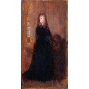 Charles SELLIER 1830-1882 Portrait de femme dans une église, tableau, vers 1870