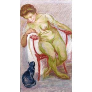 Raphaël-Léon Leguilloux 1871-1938 Femme nue et son chat, tableau, vers 1910