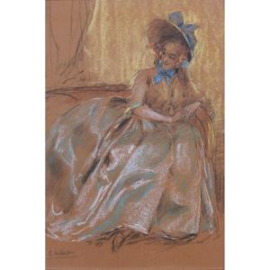 Antoine Calbet 1860-1942 Elegant Woman, Drawing, Pastel, Circa 1900