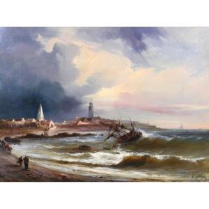 Alfred GODCHAUX 1839-1907 Naufrage d'un bateau au coucher du soleil, tableau, vers 1860-70