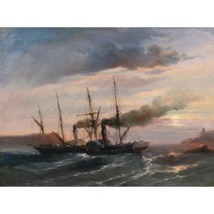 Alfred GODCHAUX 1839-1907 Bateaux anglais au coucher du soleil, tableau, vers 1860-70