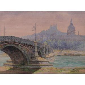 Antoine BARBIER 1859-1948 Lyon, le pont de la Guillotière et l'Hôtel-Dieu, dessin, vers 1900