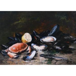 Hubert Bellis 1831-1902 Still Life With Crab, Mussels And Lemon, Painting