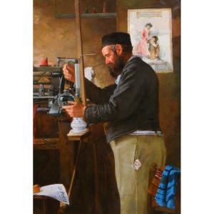 Edmond Quignard, 19th-20th Century, Weaver In His Workshop, Large Painting, Circa 1900