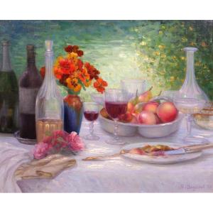 Henri ANGENIOL 1870-1959 La table au jardin, nature morte, tableau, 1923