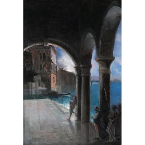 Guino Fedreghini 1861-1945 Venise, scène nocturne, tableau, 1888