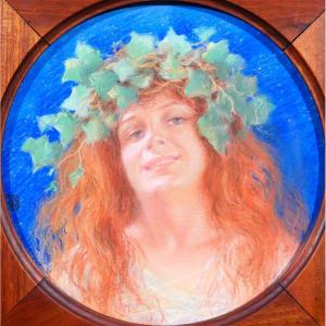 French School Circa 1890-1900 Portrait Of A Woman With An Ivy Wreath, Pastel, Tiffany