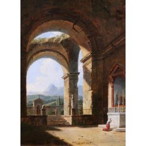 Jean-baptiste Berlot 1775-1836 Italy, Oratory In Ancient Ruins, Painting, 1821