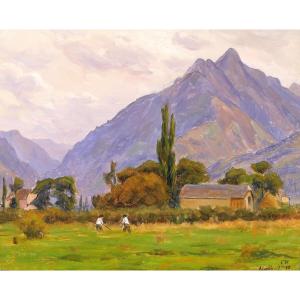 Charles WISLIN 1852-1932, Pyrénées, paysage d'Argelès-Gazost, tableau, 1918