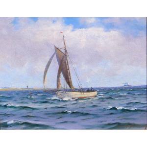 Lauritz Sorensen 1882-1968 Danish Ship At Sea, Painting, Circa 1910-20