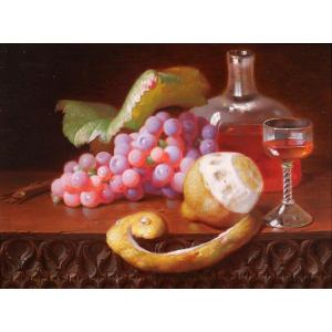 French School Circa 1860, Troubadour Still Life With Lemon And Grapes, Painting