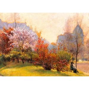 Paul LOUCHET 1854-1936 Paris, le square aux arbres en fleurs, paysage, tableau, 1926