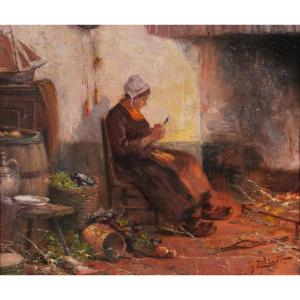 Philipp Zeltner 1865-1946 Woman In The Kitchen, Painting, Circa 1900