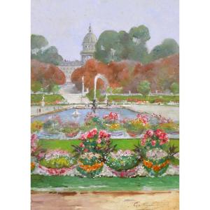 Gaston Gérard Paris, le Jardin du Luxembourg et le Panthéon, tableau, vers 1885-90