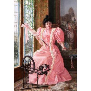 Henry Jambois 19-20th Woman In A Pink Dress At A Spinning Wheel, Painting, Circa 1890-1900