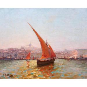 Louis NATTERO 1870-1915 Marseille, bateaux devant Notre-Dame, tableau, impressionnisme, c. 1905