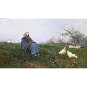 Armand Beauvais 1840-1911 Femme assise gardant les oies, tableau, animaux, vers 1880, Barbizon 