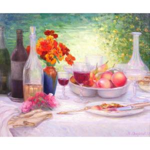 Henri Angeniol 1870-1959 The Table In The Garden, Still Life, Painting, 1923, Flowers, Wine